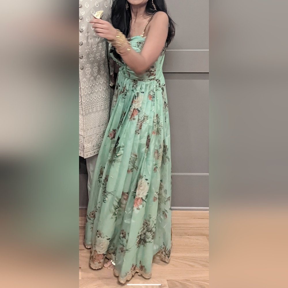 Green One Shoulder Floral Gold Accent Dress